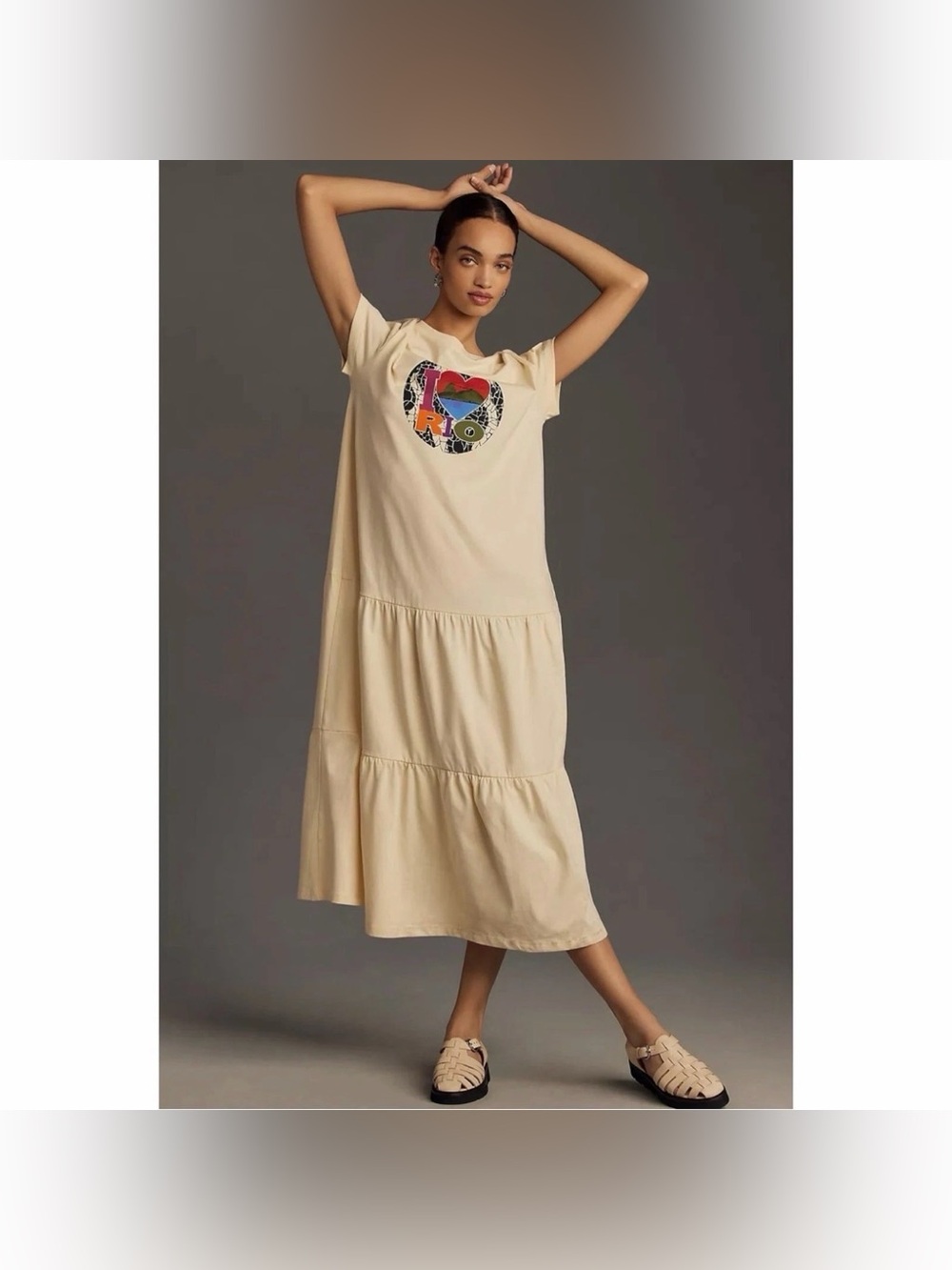 FARM RIO Cream Heart Graphic Tiered Midi Dress Size S NWT